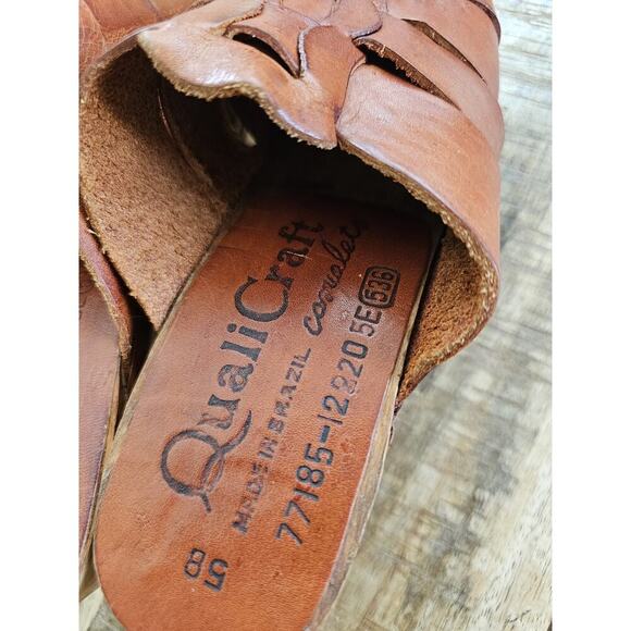 QualiCraft Brown Leather Clogs 5B Made in Brazil Vintage 1970s Wooden Soles - Picture 3 of 9